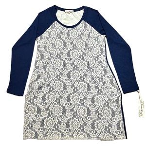 Altar’d State White Lace Overlay Blue Knit Long Sleeve Sweater Dress size XL